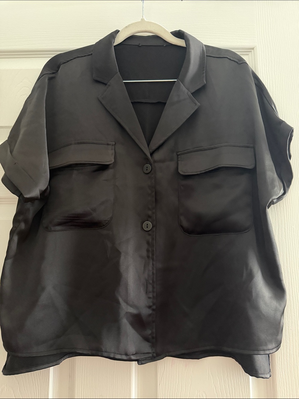 Black Short-Sleeve Satin Jacket - Women's Casual Button-Front